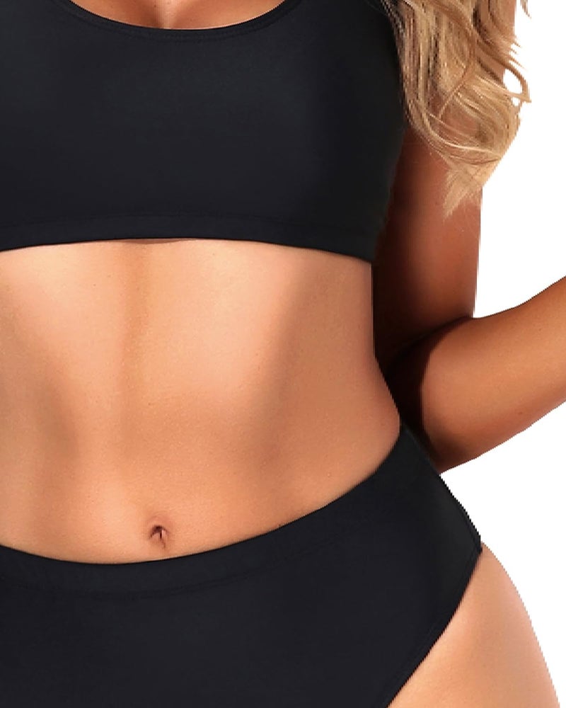 Tempt Me Women Black Two Piece Scoop Neck Bikini Crop Top Swimsuit Sporty High Waisted Bathing Suit Suit L - Image 3