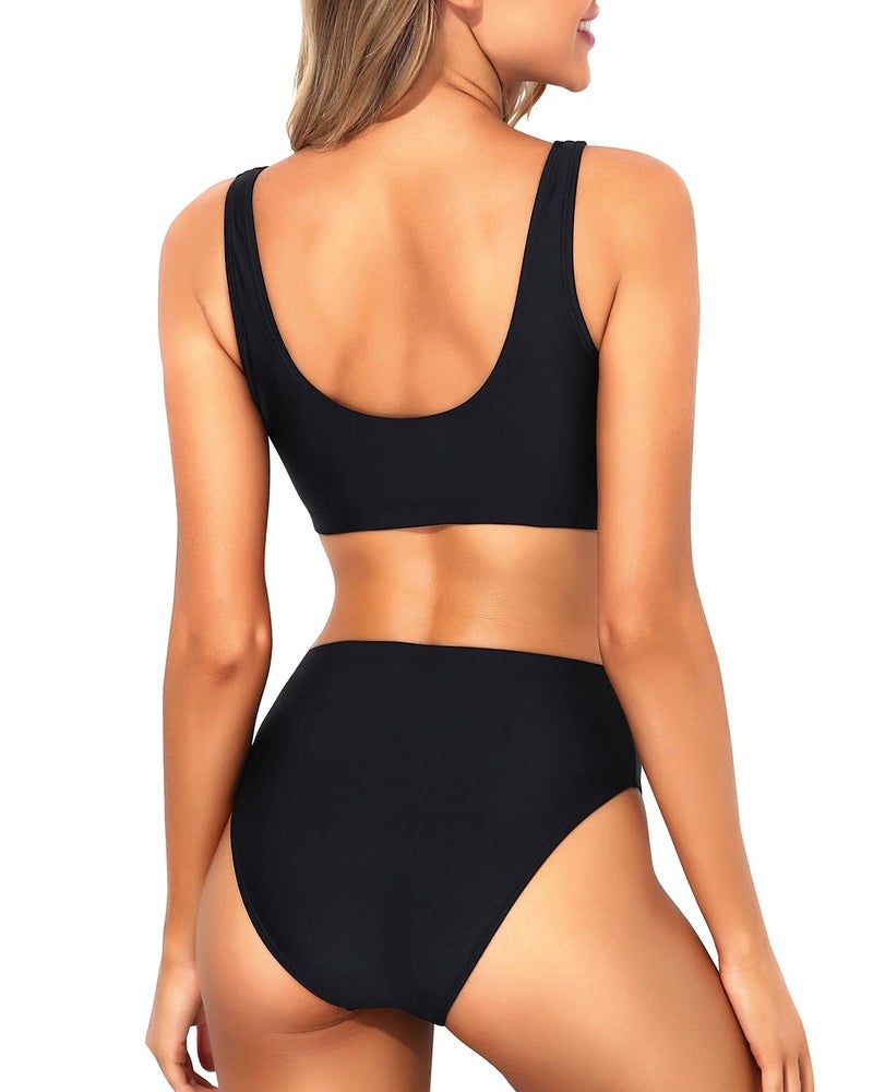 Tempt Me Women Black Two Piece Scoop Neck Bikini Crop Top Swimsuit Sporty High Waisted Bathing Suit Suit L - Image 2