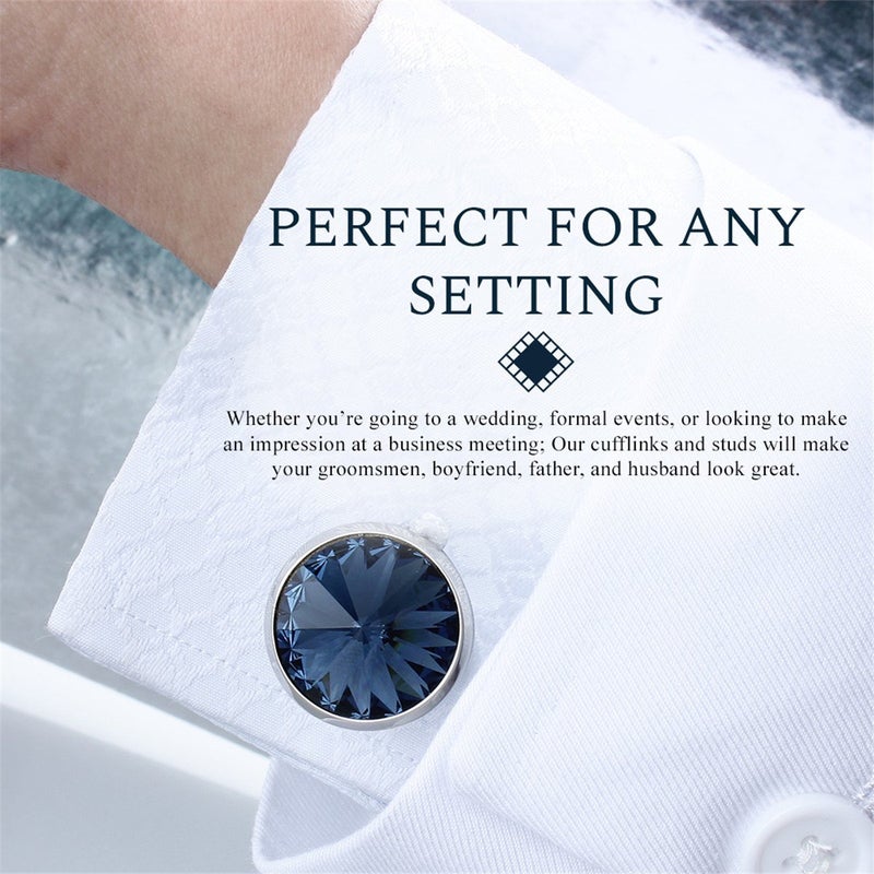 HAWSON Cufflink and Studs Tuxedo Set Silver Color with Austrian Crystals in Dark Blue - Image 3