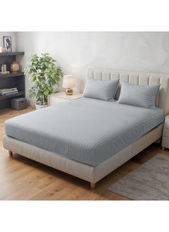 Rest Stripe Fitted Sheet Set Queen 160 X 200+30 Cm+ 2 Pillowcases 50 X 75 Cm Brushed Microfiber Premium Durable Quality Deep Pocket For A Perfect Fit Shrinkage Fade Resistant Silver  - Image 1