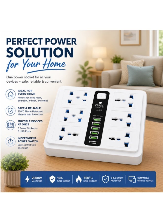 GKK GUOKANG A39 Universal Extension Power Strip with 6 Universal AC Sockets, 5 USB Charging Ports & 1 PD Fast Charging Port, Smart Auto Identification, Multi-Plug Power Extension Board White - Image 5