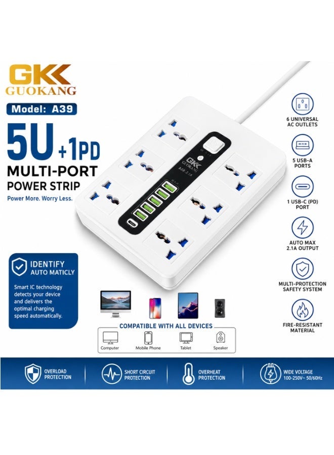 GKK GUOKANG A39 Universal Extension Power Strip with 6 Universal AC Sockets, 5 USB Charging Ports & 1 PD Fast Charging Port, Smart Auto Identification, Multi-Plug Power Extension Board White - Image 2