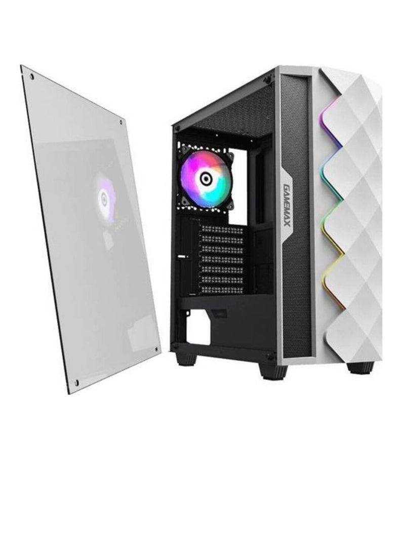 غيم ماكس حقيبة ألعاب كمبيوتر GameMax White Diamond ARGB Mid-Tower للكمبيوتر ، ATX ، موصلات ذكر وأنثى 3 Pin Aura ، مدمجة بشريط ARGB LED ، 1 × 120 مم ARGB مروحة ، جاهزة للتبريد المائي | أبيض