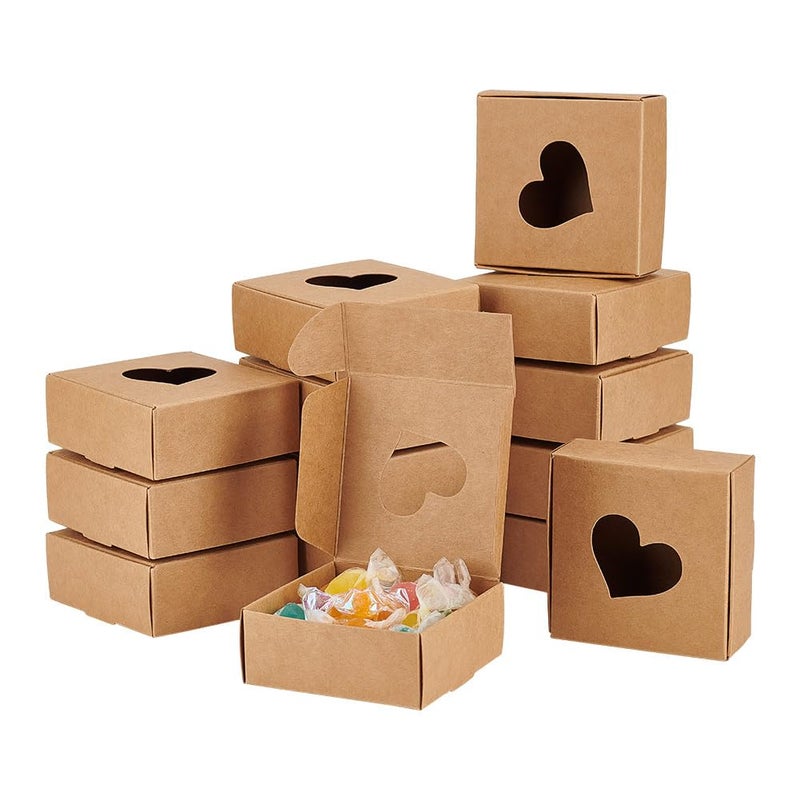 BENECREAT 30 Packs Kraft Paper Boxes with Heart Window 3x3x1.2 Cardboard Gift Boxes for Wedding Party Favor Treats, Jewelry, Mother's Day Festival Gift Packaging - Image 1