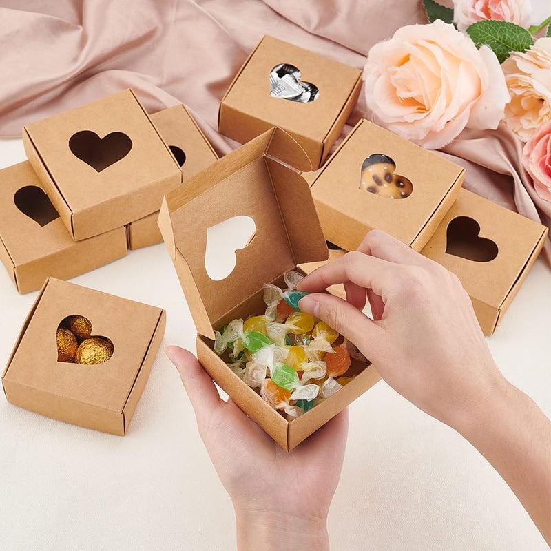 BENECREAT 30 Packs Kraft Paper Boxes with Heart Window 3x3x1.2 Cardboard Gift Boxes for Wedding Party Favor Treats, Jewelry, Mother's Day Festival Gift Packaging - Image 3