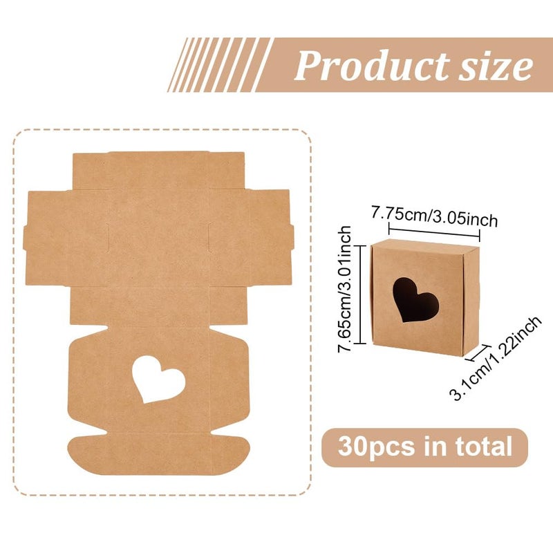 BENECREAT 30 Packs Kraft Paper Boxes with Heart Window 3x3x1.2 Cardboard Gift Boxes for Wedding Party Favor Treats, Jewelry, Mother's Day Festival Gift Packaging - Image 2