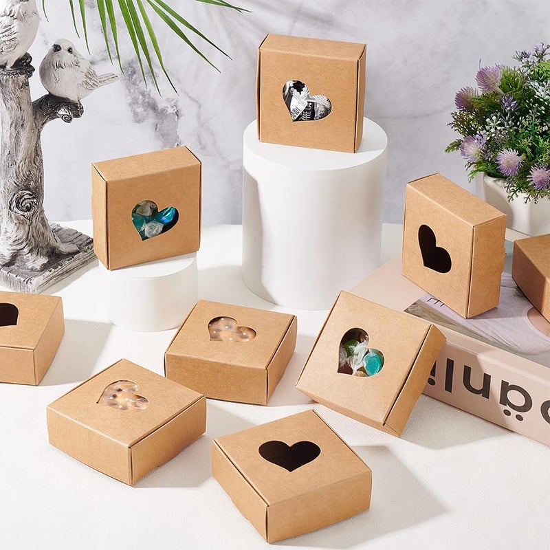 BENECREAT 30 Packs Kraft Paper Boxes with Heart Window 3x3x1.2 Cardboard Gift Boxes for Wedding Party Favor Treats, Jewelry, Mother's Day Festival Gift Packaging - Image 5