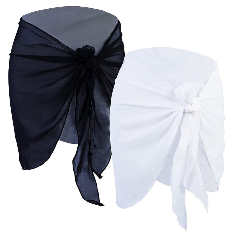 2Pcs Beach Sarongs Sunscreen Chiffon Soft Beach Cover Up Skirt Bikini Wrap Black White - Image 1