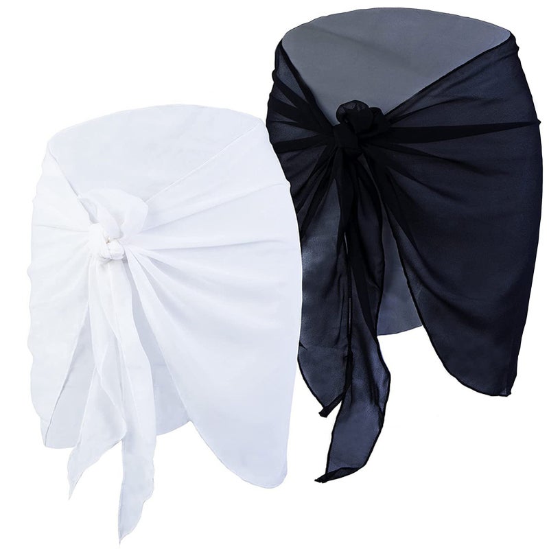 2Pcs Beach Sarongs Sunscreen Chiffon Soft Beach Cover Up Skirt Bikini Wrap Black White - Image 4