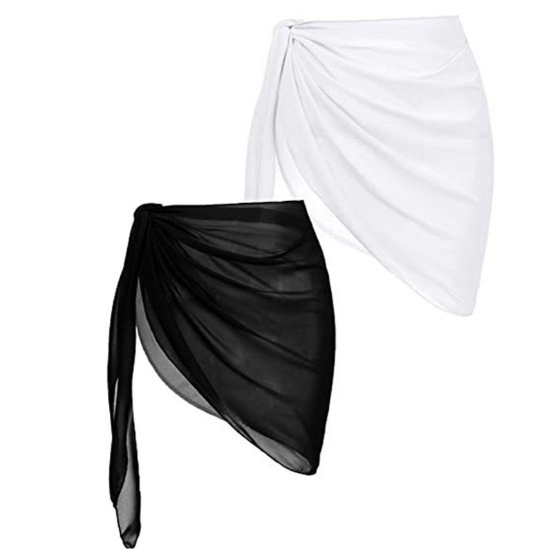 2Pcs Beach Sarongs Sunscreen Chiffon Soft Beach Cover Up Skirt Bikini Wrap Black White - Image 2