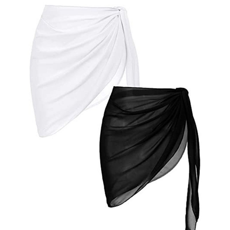 2Pcs Beach Sarongs Sunscreen Chiffon Soft Beach Cover Up Skirt Bikini Wrap Black White - Image 3
