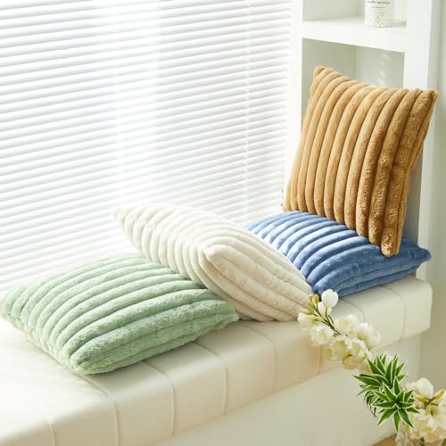 Sunday Praise Pack of 2,Double-Sided Faux Fur Plush Decorative Throw Pillow Covers 18x18 Inch Soft Fluffy Striped Couch Pillow Cases for Sofa Bed Home Décor Khaki - Image 3