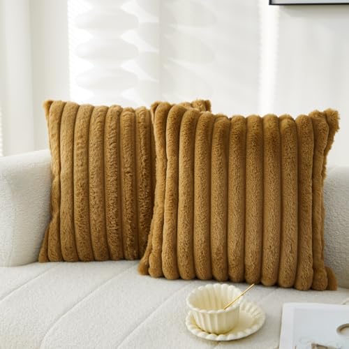Sunday Praise Pack of 2,Double-Sided Faux Fur Plush Decorative Throw Pillow Covers 18x18 Inch Soft Fluffy Striped Couch Pillow Cases for Sofa Bed Home Décor Khaki - Image 1