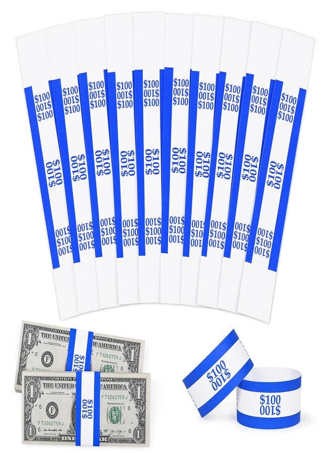 ESSENTIAL 100Pcs Currency Straps - Bill Wrappers, Money Bands to Organize Bills, ABA Standard Colors, Self-Adhesive, 7.5 x 1.15 Inches ($100 / Blue) - Image 1