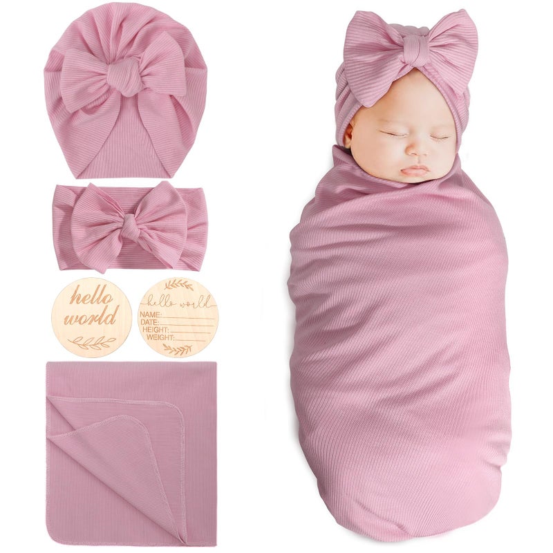 DRESHOW BQUBO Baby Girl Newborn Receiving Blankets with Bow Hat Headband Wooden Birth Announcement Card Set Newborn Baby Swaddle Wrap Set Warm Shower Gift - Image 1