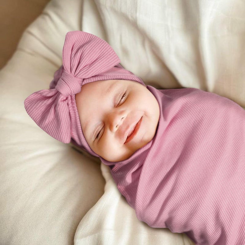 DRESHOW BQUBO Baby Girl Newborn Receiving Blankets with Bow Hat Headband Wooden Birth Announcement Card Set Newborn Baby Swaddle Wrap Set Warm Shower Gift - Image 2