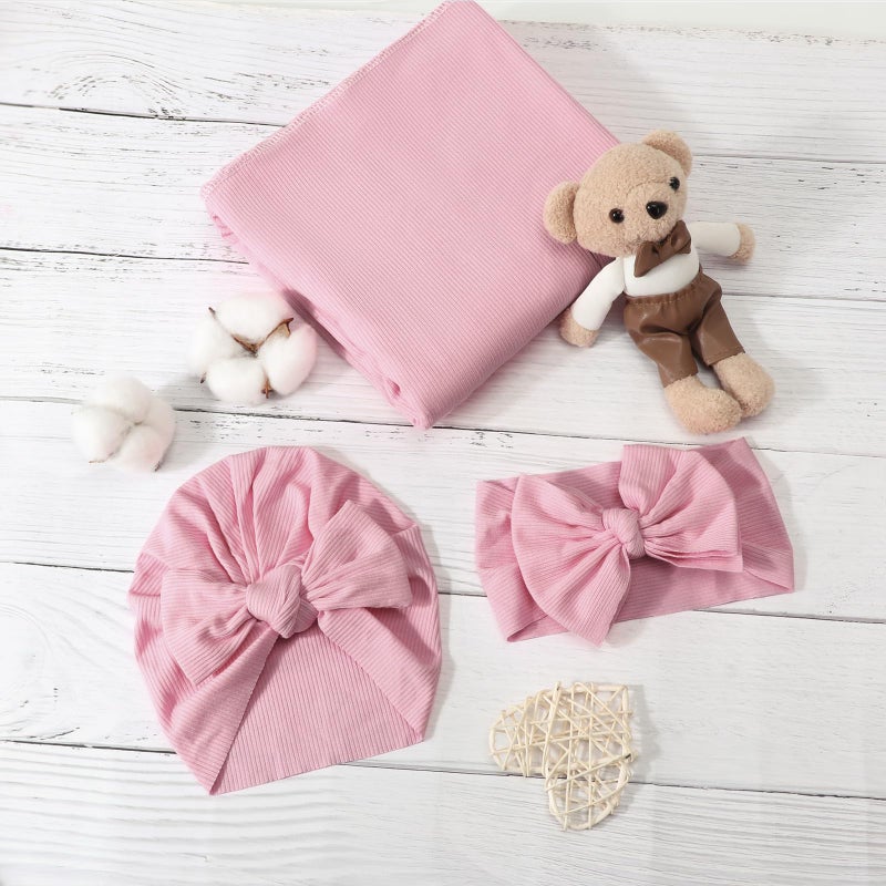 DRESHOW BQUBO Baby Girl Newborn Receiving Blankets with Bow Hat Headband Wooden Birth Announcement Card Set Newborn Baby Swaddle Wrap Set Warm Shower Gift - Image 4