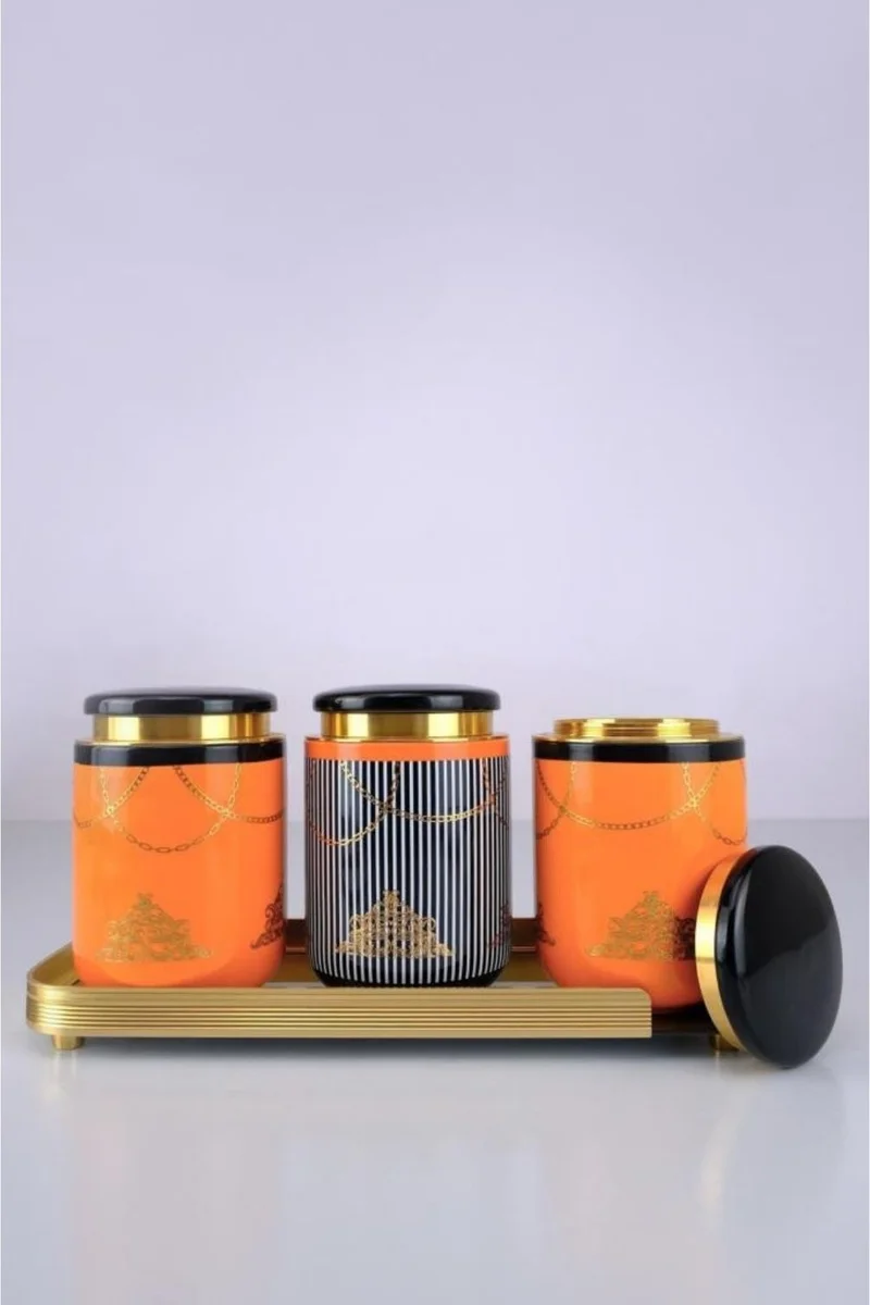 أكار 3-Piece Porcelain Spice Jar and Glass Tray Tea Sugar Salt Jar Set - KOH-05836