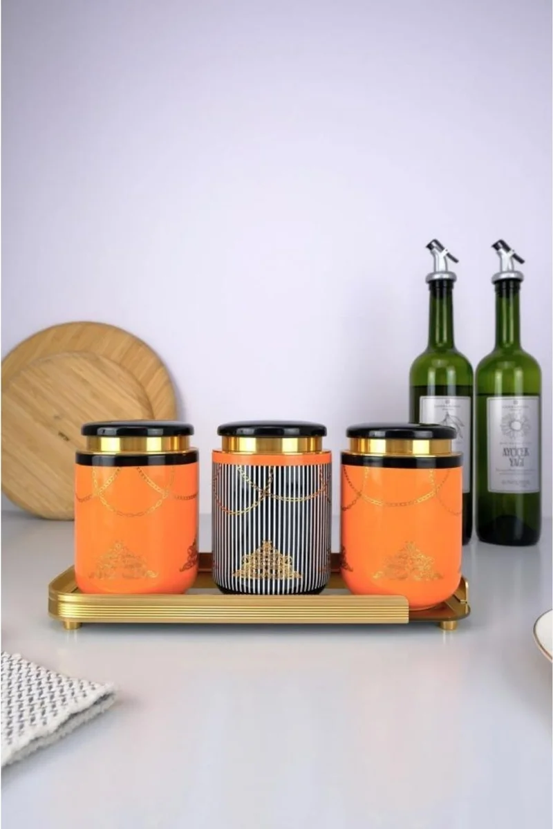 أكار 3-Piece Porcelain Spice Jar and Glass Tray Tea Sugar Salt Jar Set - KOH-05836