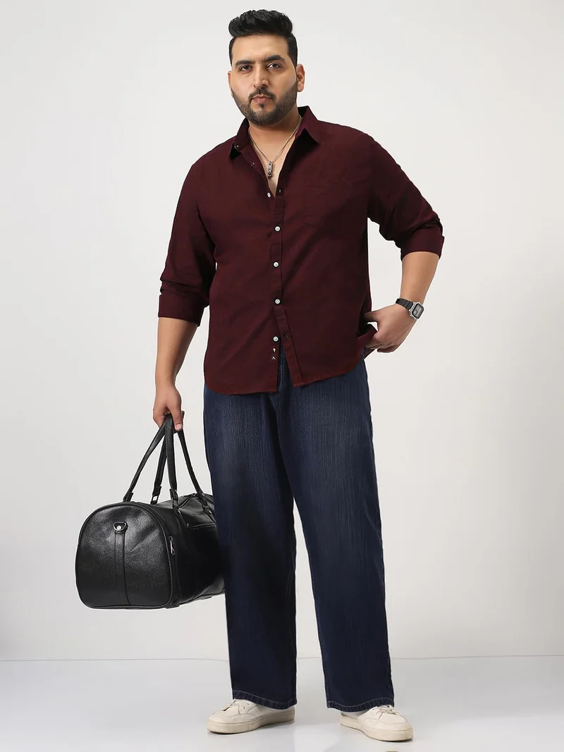 Urbano Fashion  Urbano Plus Men's Maroon Cotton Full Sleeve Regular Fit Casual Solid Slub Shirt with Spread Collar  | Best Price UAE
