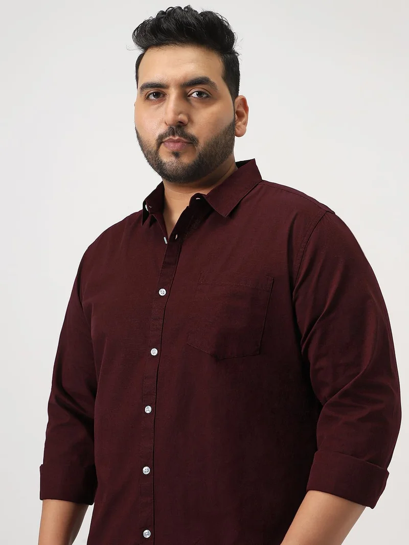 Urbano Fashion  Urbano Plus Men's Maroon Cotton Full Sleeve Regular Fit Casual Solid Slub Shirt with Spread Collar  | Best Price UAE