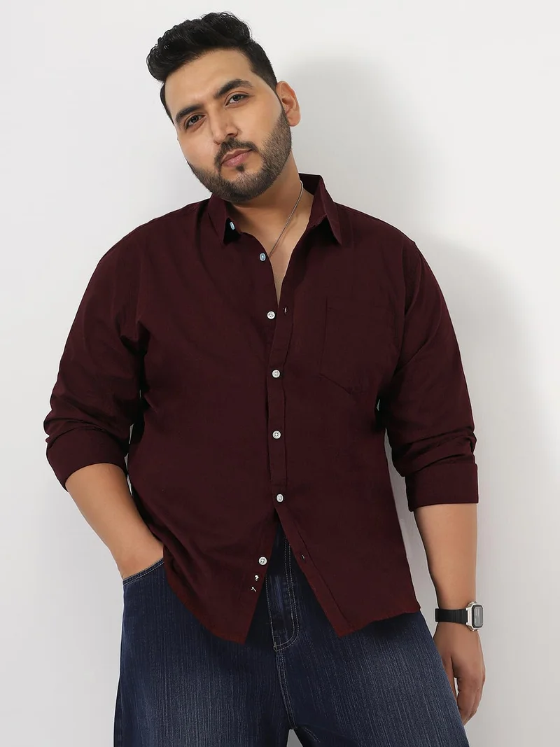 Urbano Fashion  Urbano Plus Men's Maroon Cotton Full Sleeve Regular Fit Casual Solid Slub Shirt with Spread Collar  | Best Price UAE