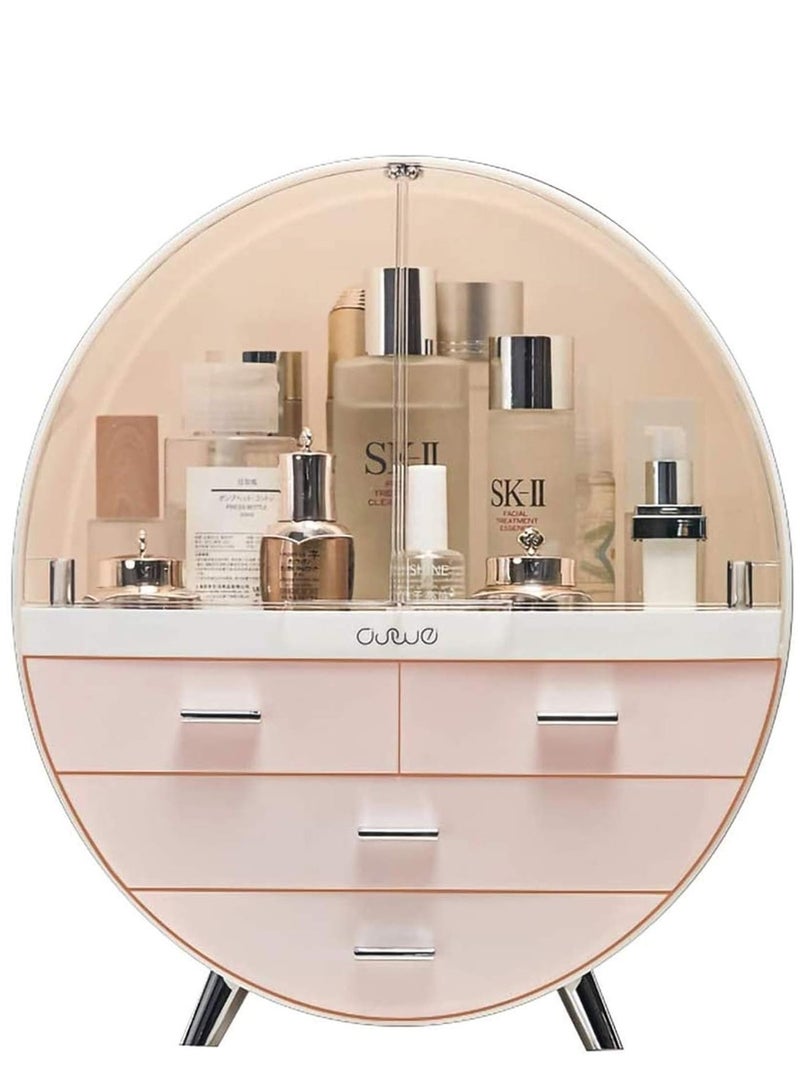 Round Cosmetic Rack Makeup Organiser Dustproof-Cosmetic Storage Makeup Holder Multifunctional Display Box Case For Lipstick, Nail Varnish, Eye Shadow, Brushes (Pink Large -4 Drawers) - Image 1