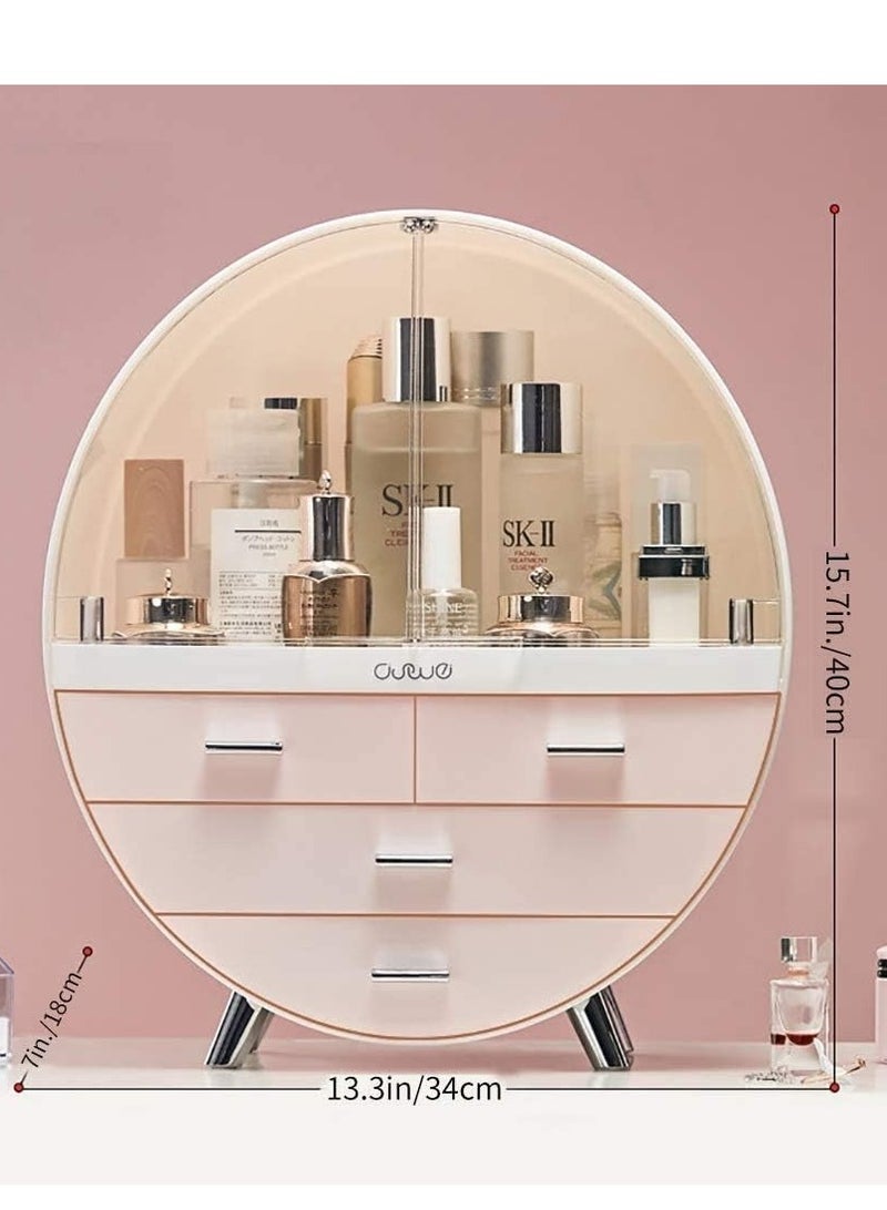 Round Cosmetic Rack Makeup Organiser Dustproof-Cosmetic Storage Makeup Holder Multifunctional Display Box Case For Lipstick, Nail Varnish, Eye Shadow, Brushes (Pink Large -4 Drawers) - Image 2