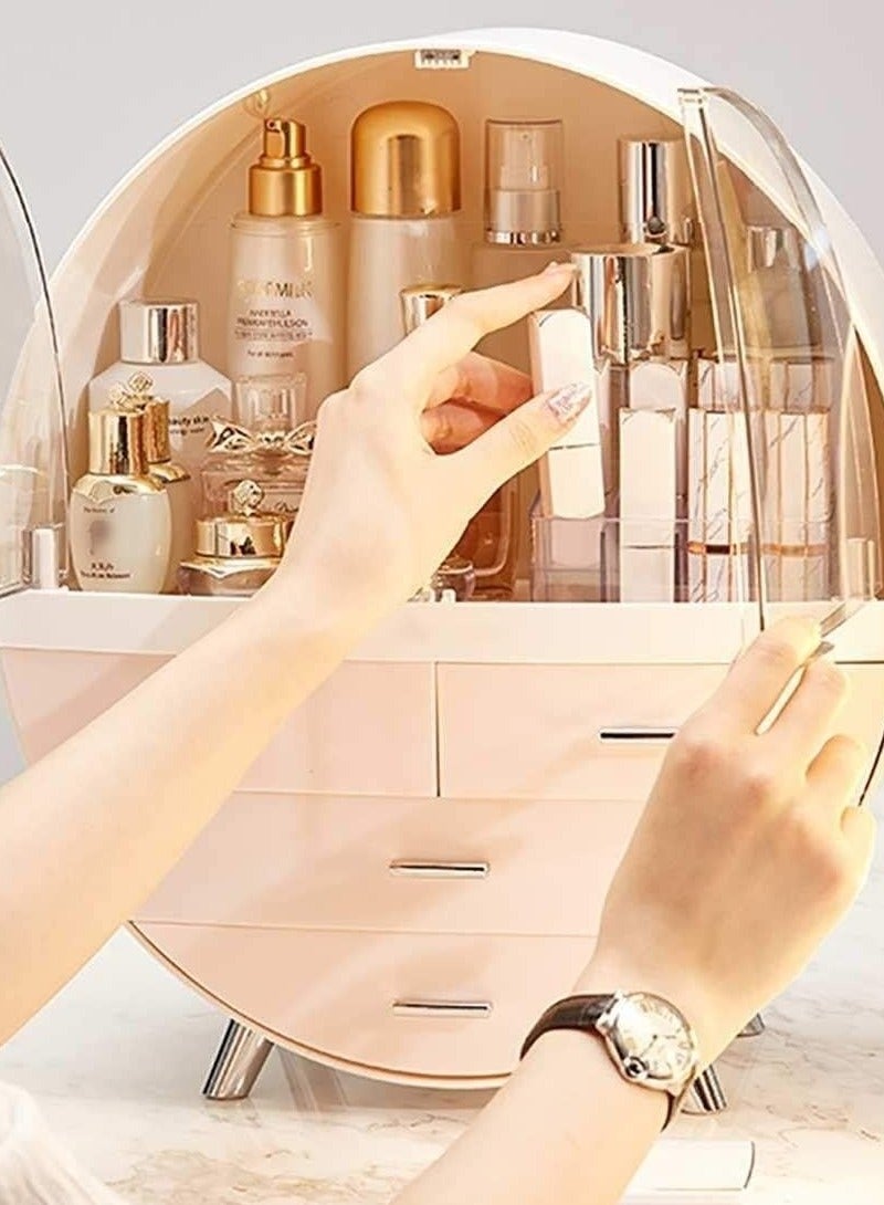 Round Cosmetic Rack Makeup Organiser Dustproof-Cosmetic Storage Makeup Holder Multifunctional Display Box Case For Lipstick, Nail Varnish, Eye Shadow, Brushes (Pink Large -4 Drawers) - Image 4