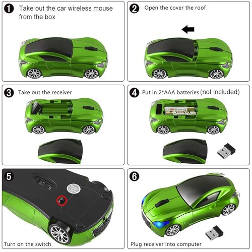 CHUYI Cool Car Shaped Wireless Mouse 1600DPI Portable Small Cordless Mice with USB Receiver for Travel Office Business School Home Gift (Green) - Image 4