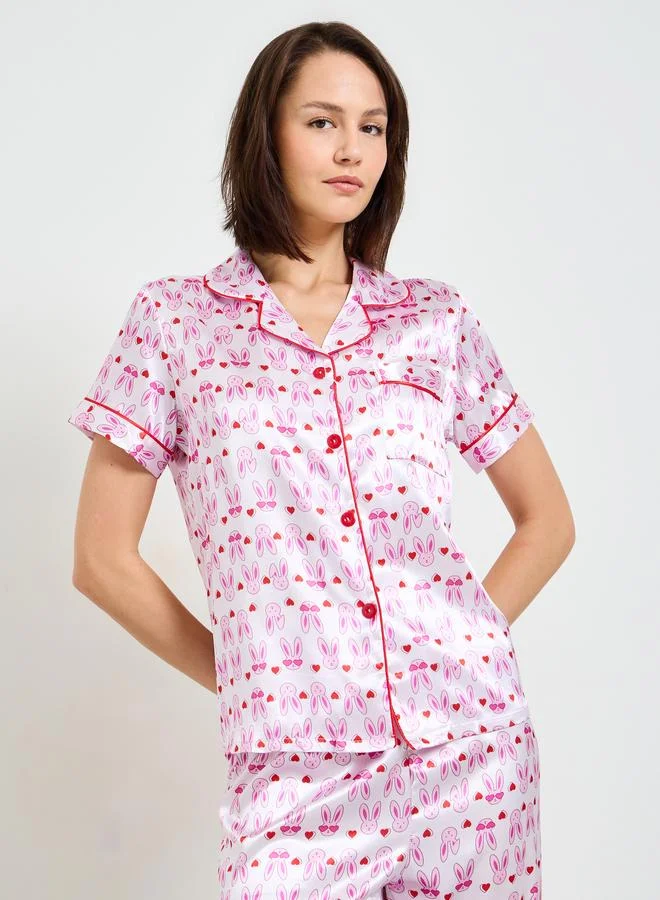 Take Two Pink Bunny Print Satin Pajama Set with Short Sleeves and Straight Pants