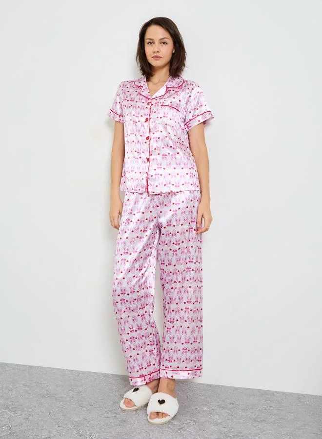 Pink Bunny Print Satin Pajama Set with Short Sleeves and Straight Pants
