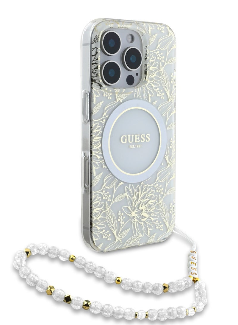 GUESS iPhone 16 Pro Magsafe Case IML Leaves Pattern Electroplated With Pearl Wrist Strap Case / Shock Absorption / Precise Cutouts / Slim and Lightweight Back Cover - Transparent - Image 1