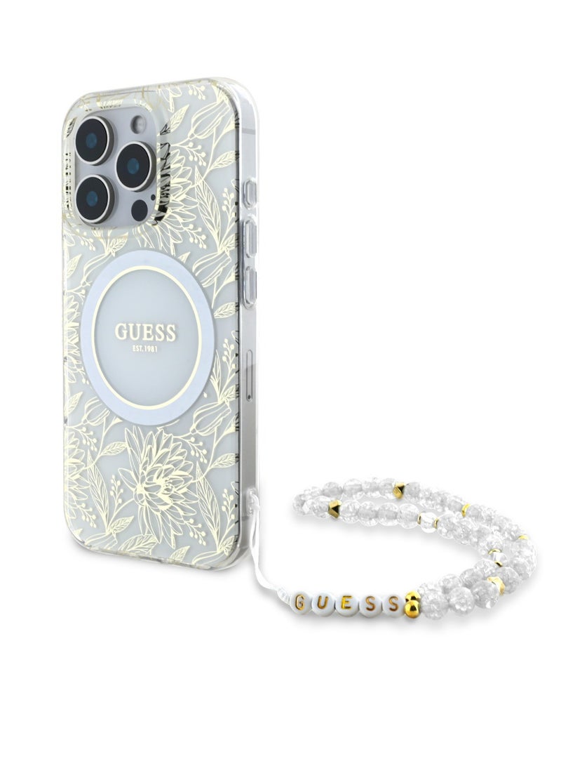 GUESS iPhone 16 Pro Magsafe Case IML Leaves Pattern Electroplated With Pearl Wrist Strap Case / Shock Absorption / Precise Cutouts / Slim and Lightweight Back Cover - Transparent - Image 4