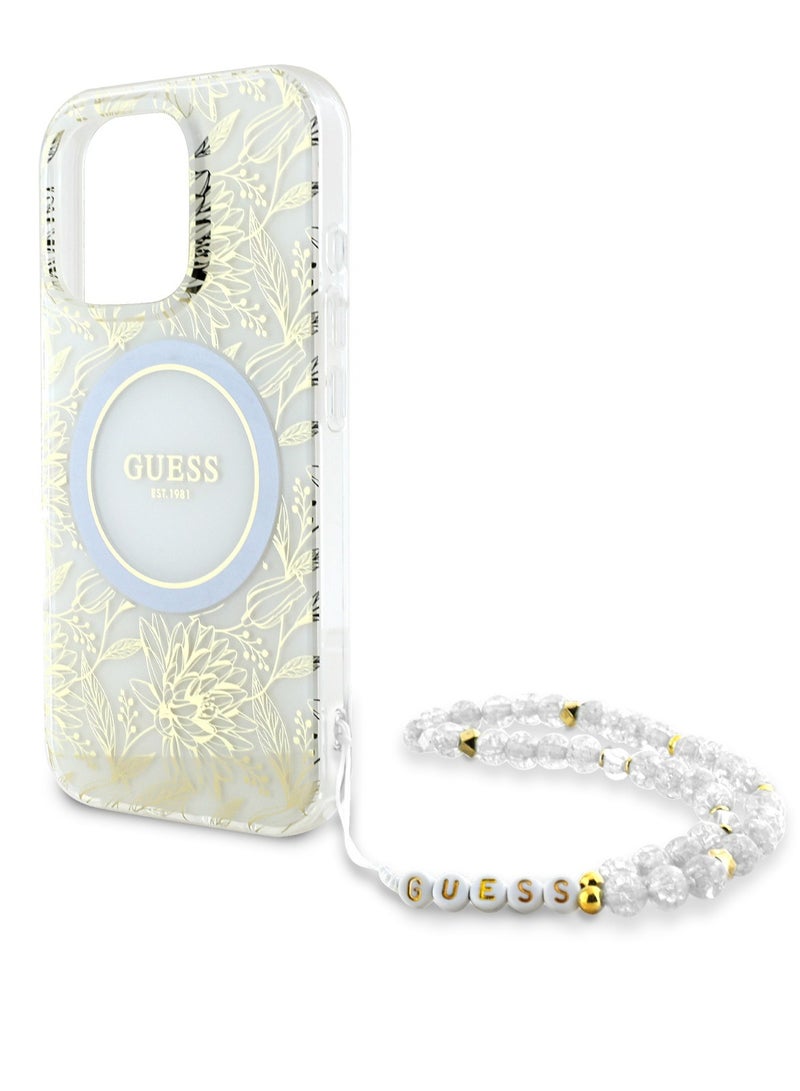GUESS iPhone 16 Pro Magsafe Case IML Leaves Pattern Electroplated With Pearl Wrist Strap Case / Shock Absorption / Precise Cutouts / Slim and Lightweight Back Cover - Transparent - Image 5