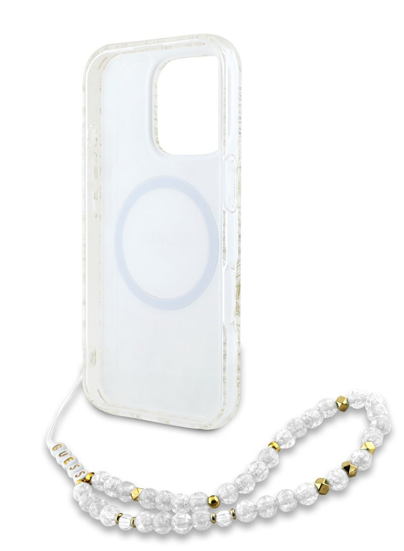 GUESS iPhone 16 Pro Magsafe Case IML Leaves Pattern Electroplated With Pearl Wrist Strap Case / Shock Absorption / Precise Cutouts / Slim and Lightweight Back Cover - Transparent - Image 3