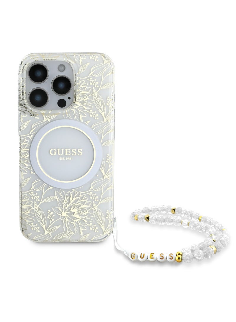 GUESS iPhone 16 Pro Magsafe Case IML Leaves Pattern Electroplated With Pearl Wrist Strap Case / Shock Absorption / Precise Cutouts / Slim and Lightweight Back Cover - Transparent - Image 2