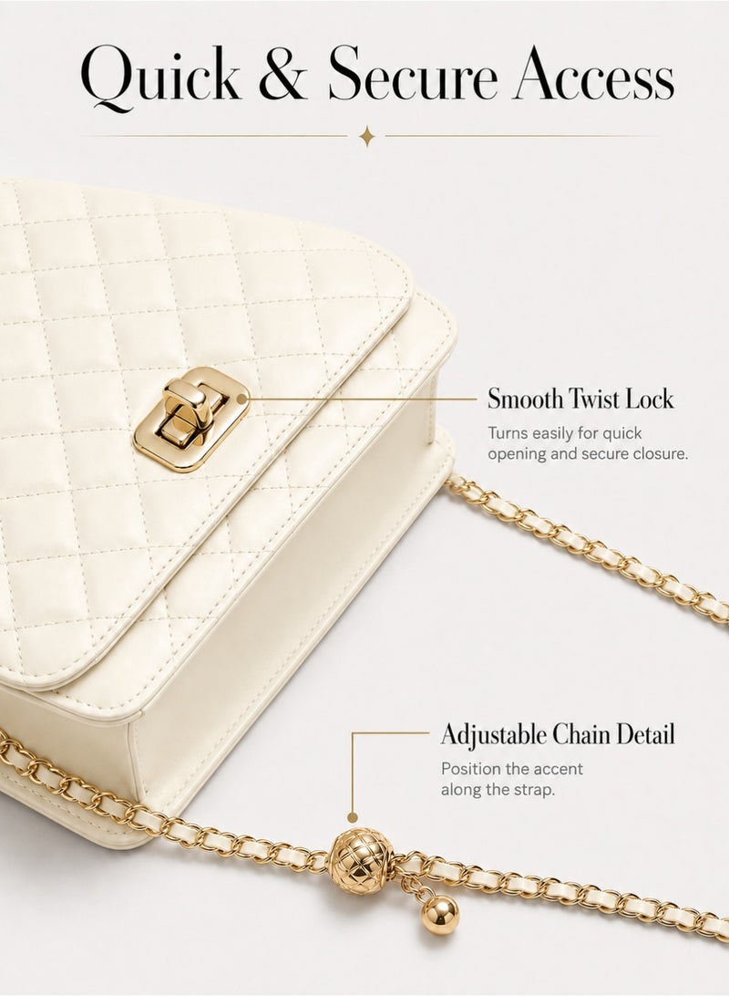 BLLE ROWN Bags for Ladies Small Quilted Chain Crossbody Bag for Women Chic Beige PU Shoulder Purse with Gold Lock Detail Shopping Gift for Her - Image 4