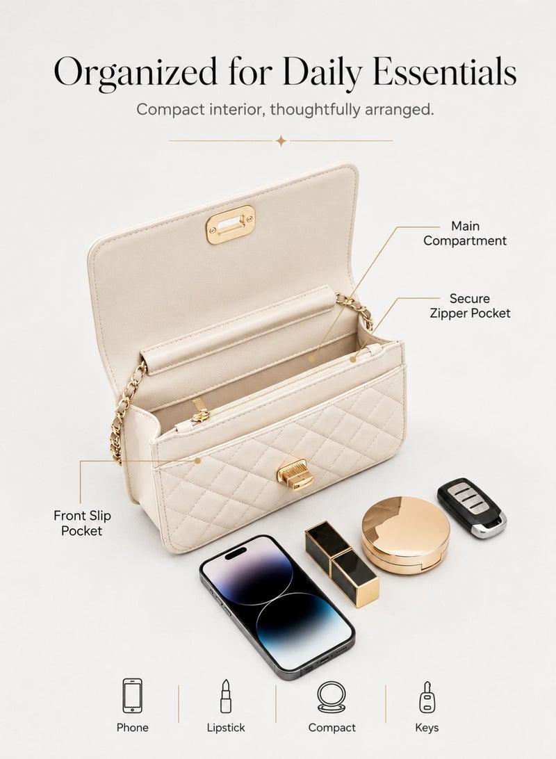 BLLE ROWN Bags for Ladies Small Quilted Chain Crossbody Bag for Women Chic Beige PU Shoulder Purse with Gold Lock Detail Shopping Gift for Her - Image 2