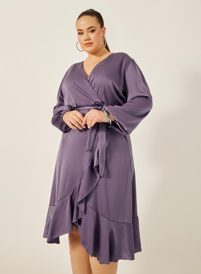 ستايلي فستان ميدي ملفوف بأكمام بالون مقاس كبير ستايلي سادة - Image 3