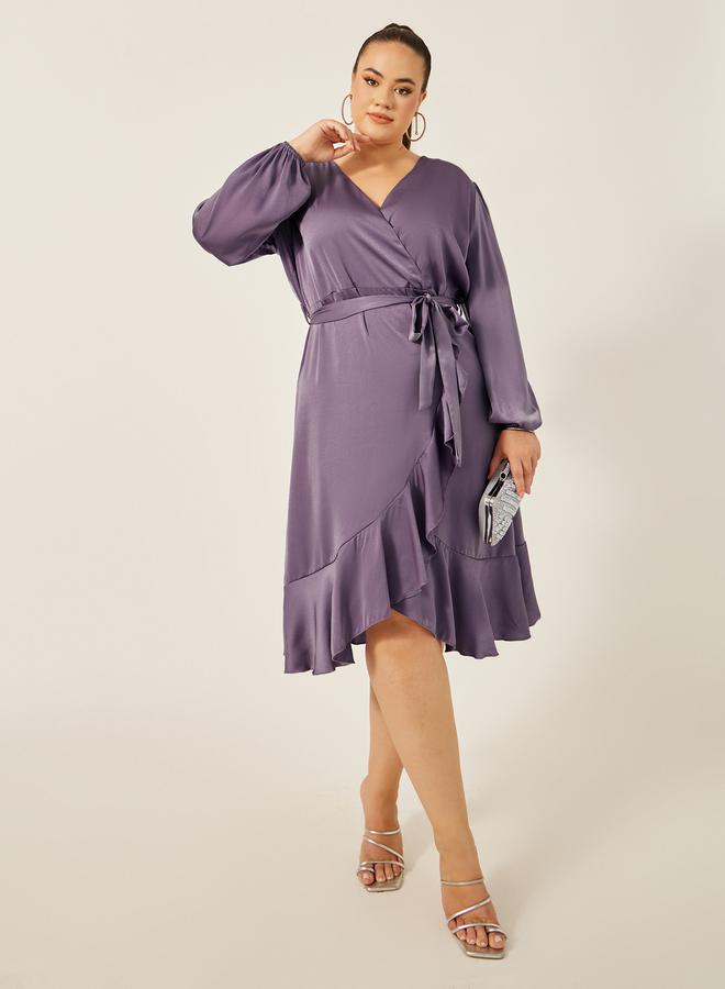 ستايلي فستان ميدي ملفوف بأكمام بالون مقاس كبير ستايلي سادة - Image 2