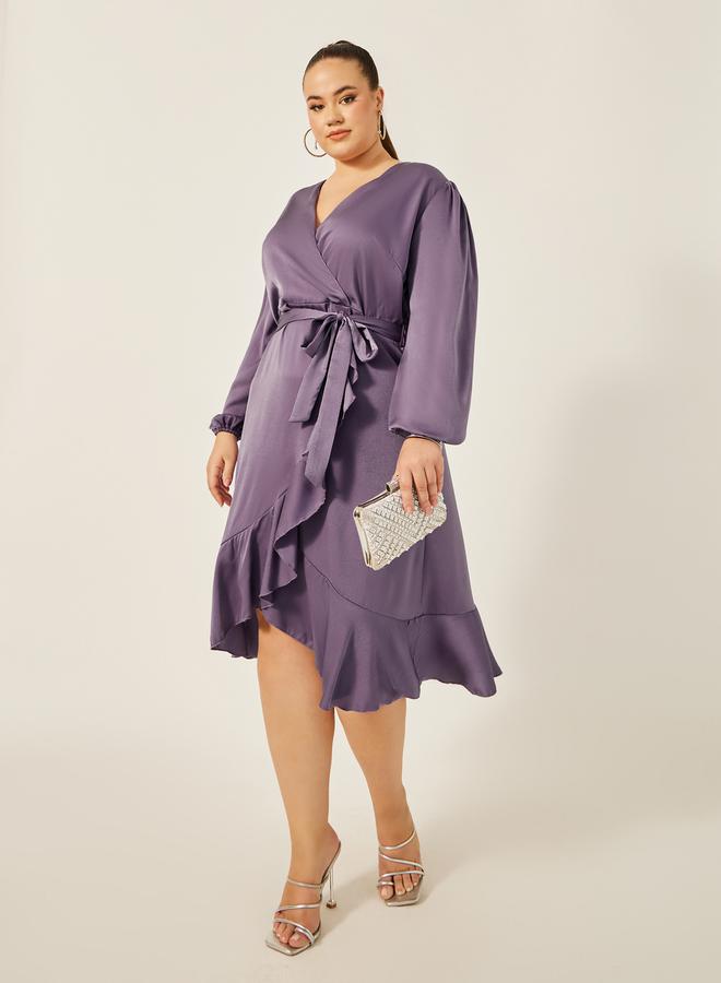 ستايلي فستان ميدي ملفوف بأكمام بالون مقاس كبير ستايلي سادة - Image 1