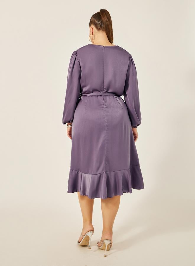 ستايلي فستان ميدي ملفوف بأكمام بالون مقاس كبير ستايلي سادة - Image 5