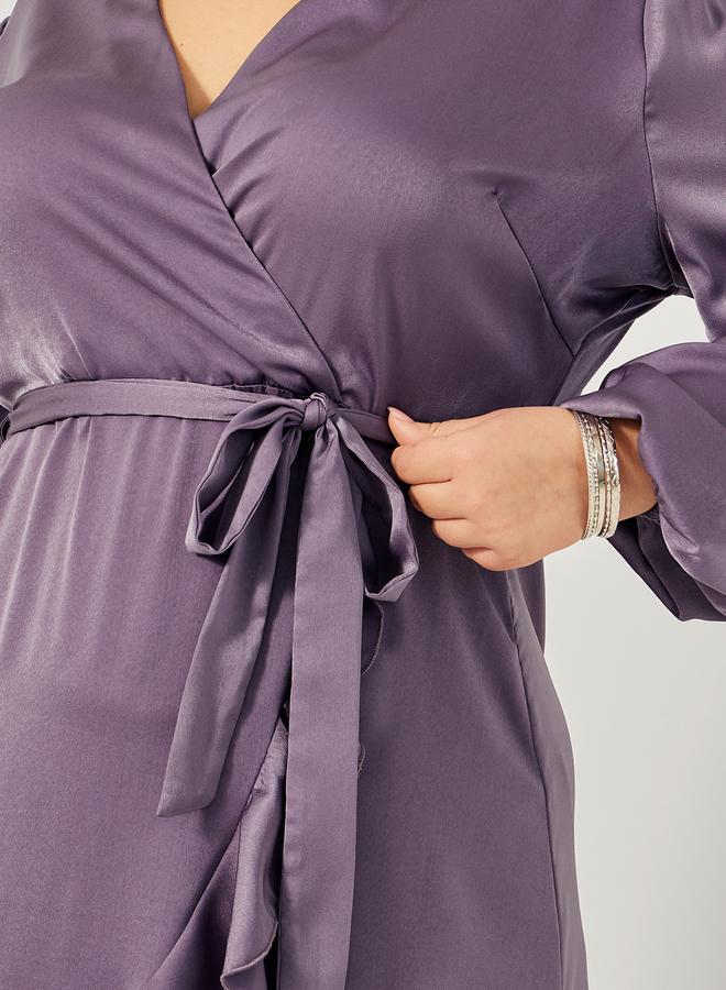 ستايلي فستان ميدي ملفوف بأكمام بالون مقاس كبير ستايلي سادة - Image 4