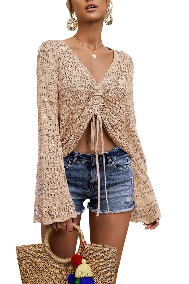 Saodimallsu Womens Oversized V Neck Shirts Flowy Crochet Bell Sleeve Boho Tops Sexy Tie Front Ruched Ruffle Top Blouse Apricot - Image 2