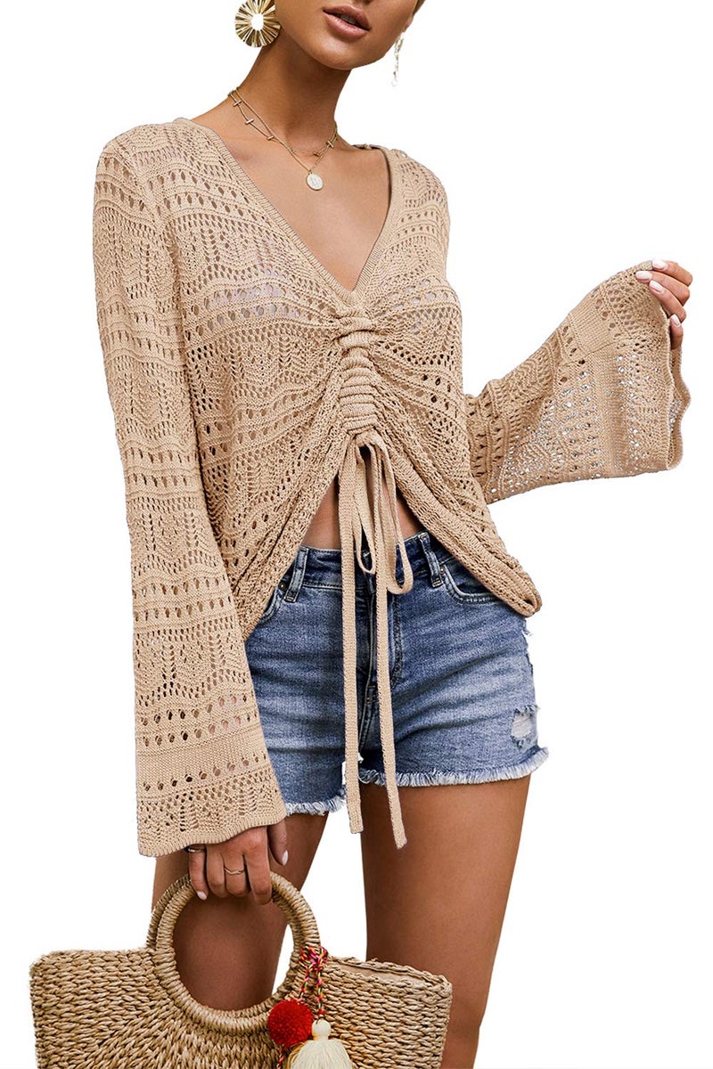 Saodimallsu Womens Oversized V Neck Shirts Flowy Crochet Bell Sleeve Boho Tops Sexy Tie Front Ruched Ruffle Top Blouse Apricot - Image 1