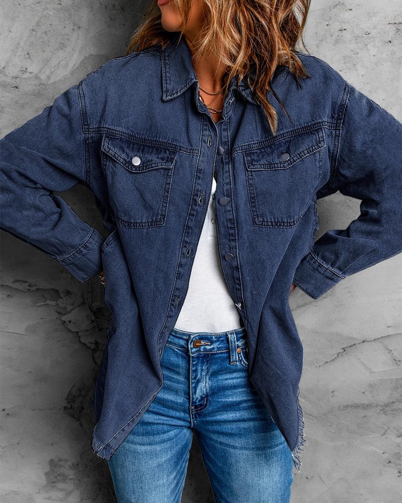 Vetinee Women's Oversized Boyfriend Dark Blue Front Button Up Frayed Raw Hem Long Sleeve Pockets Denim Jean Jacket Shacket Large Size 12 Size 14 - Image 4
