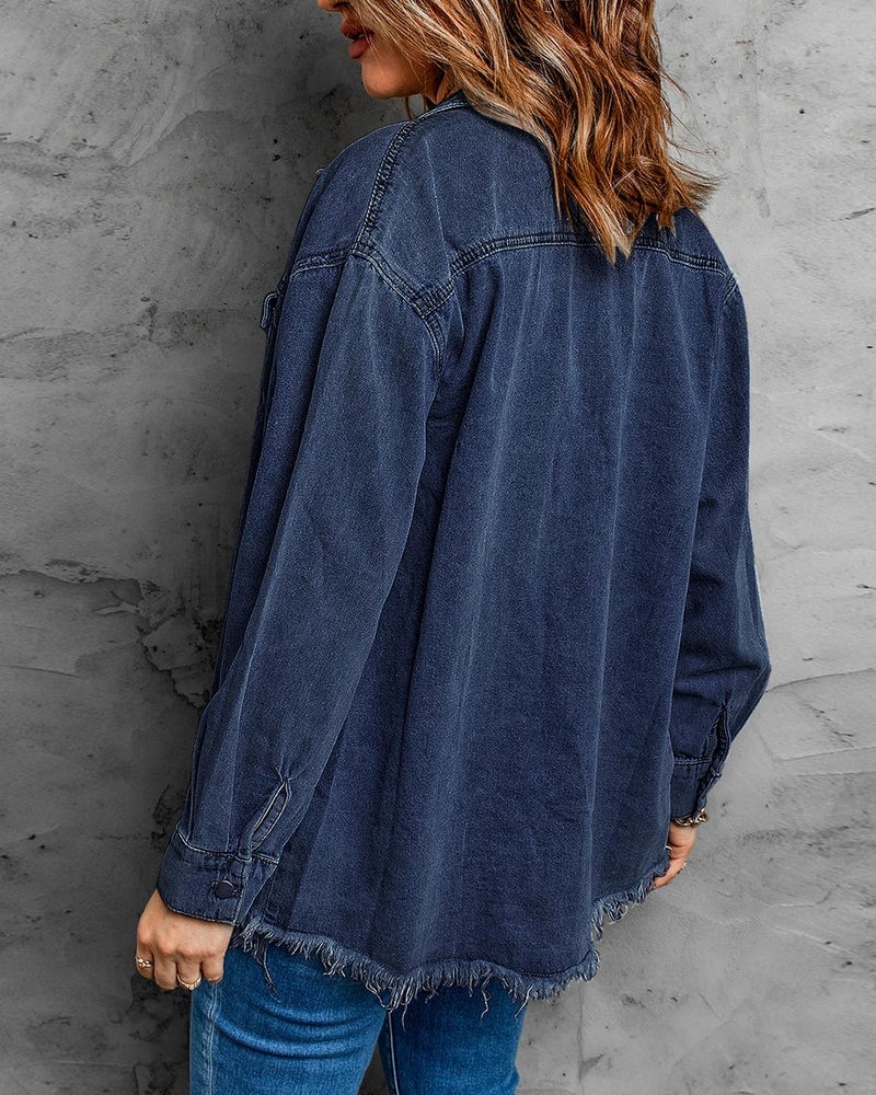 Vetinee Women's Oversized Boyfriend Dark Blue Front Button Up Frayed Raw Hem Long Sleeve Pockets Denim Jean Jacket Shacket Large Size 12 Size 14 - Image 3