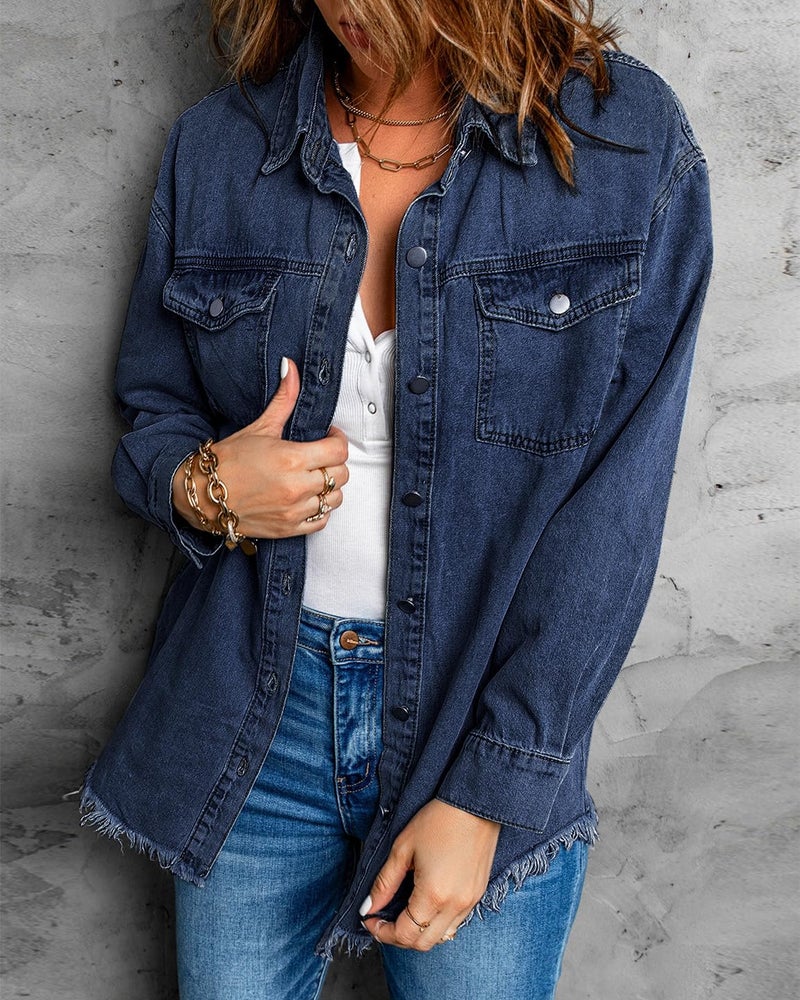 Vetinee Women's Oversized Boyfriend Dark Blue Front Button Up Frayed Raw Hem Long Sleeve Pockets Denim Jean Jacket Shacket Large Size 12 Size 14 - Image 2