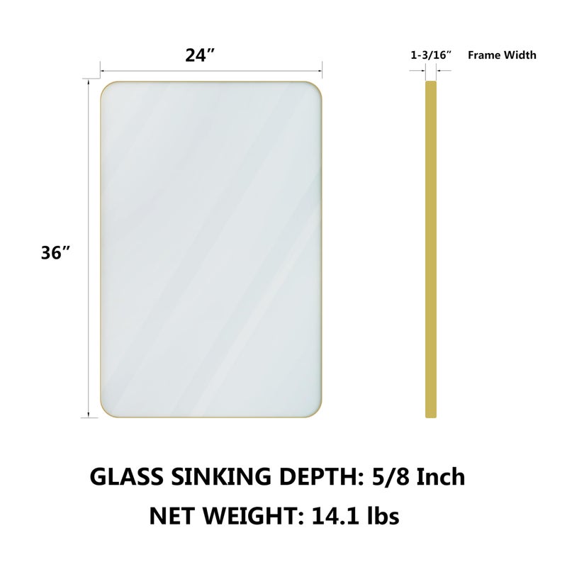 VocalStar Gold Bathroom Mirror for Wall, 24 x 36 Inch Metal Framed Rounded Rectangle Vanity Mirror Modern Farmhouse, 1/4-inch Shatterproof Glass | Ultra-Flush Hanging - Image 2